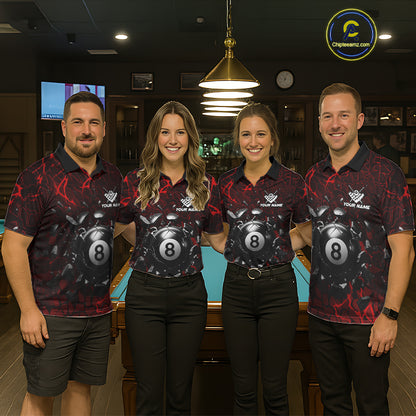 Pool team wearing matching red crack billiard jerseys during league tournaments front view.