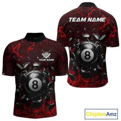 Red crack 8 ball billiard quarter zip shirt for men designed for league nights and competitive matches.