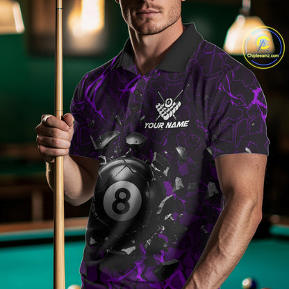 Man wearing a purple crack 8 ball billiard jersey beside a pool table front view.
