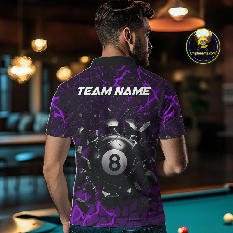 Back view of man wearing a purple crack pool team shirt in a billiards hall.