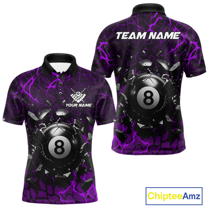 Purple crack 8 ball billiard polo shirt for men with modern pool team graphics and league-ready style.
