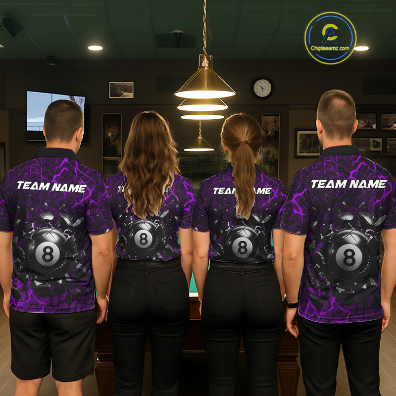Back view of pool players wearing matching purple crack billiard shirts in a game room.