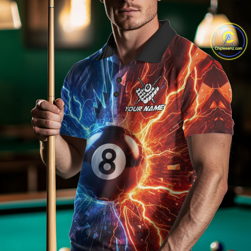 Man wearing blue and orange lightning 8 ball pool billiard polo shirt front view.