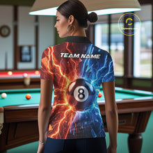 Load image into Gallery viewer, Woman wearing blue and orange lightning 8 ball pool billiard polo shirt back view.