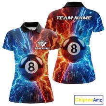 Load image into Gallery viewer, Custom blue and orange lightning 8 ball pool billiard team jersey polo shirt for women, personalized billiard league apparel and tournament jersey.