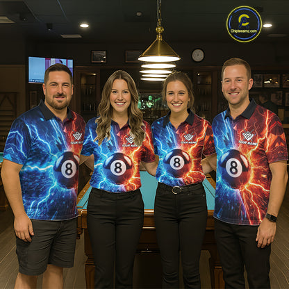 Billiard team wearing matching blue and orange lightning 8 ball pool jerseys front view.