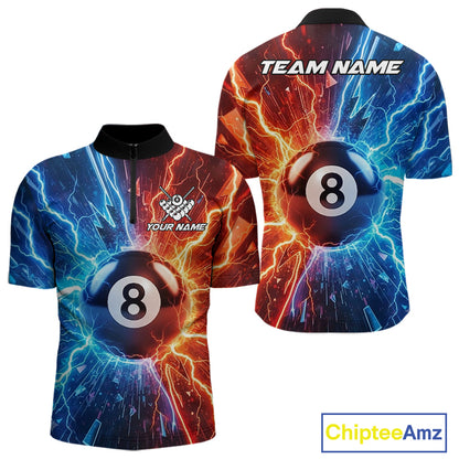 Custom blue and orange lightning 8 ball pool billiard quarter zip shirt for men, personalized pool team jersey.