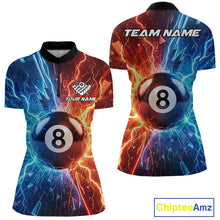Load image into Gallery viewer, Custom blue and orange lightning 8 ball pool billiard quarter zip shirt for women, personalized pool team jersey.