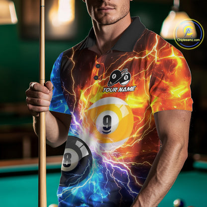 Man wearing blue and orange lightning 8 ball and 9 ball billiard polo shirt front view.