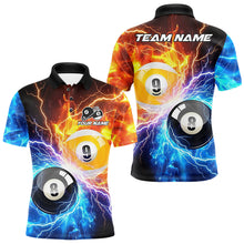 Load image into Gallery viewer, Custom blue and orange lightning 8 ball and 9 ball billiard pool team jersey polo shirt for men, personalized billiard league apparel.