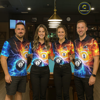 Billiard team wearing matching blue and orange lightning 8 ball and 9 ball jerseys front view.