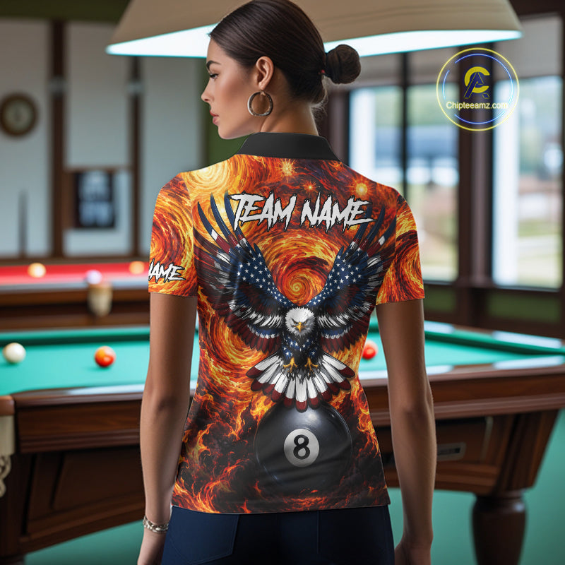 Woman wearing custom fire flame red 8 ball US flag eagle billiard polo shirt back view.