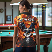 Load image into Gallery viewer, Woman wearing custom fire flame red 8 ball US flag eagle billiard polo shirt back view.