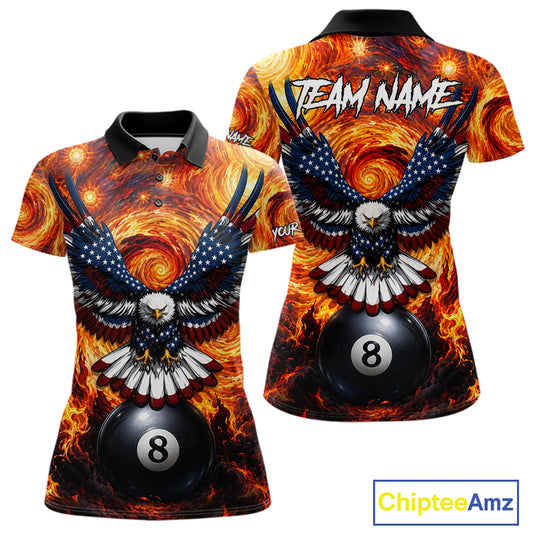 Custom fire flame red 8 ball US flag eagle billiard pool team jersey polo shirt for men, personalized billiard league apparel.