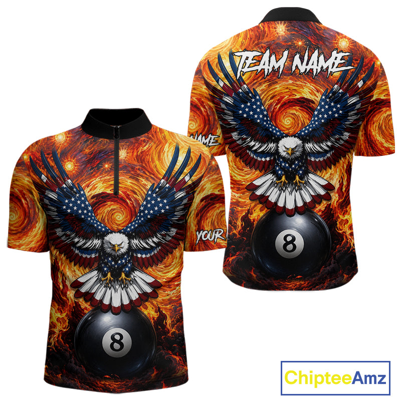 Custom fire flame red 8 ball US flag eagle billiard quarter zip shirt for men, personalized pool team jersey.