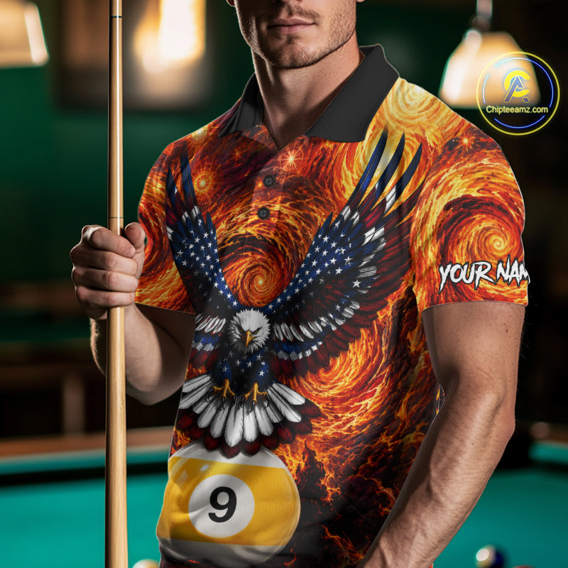 Man wearing custom fire flame red 9 ball US flag eagle billiard polo shirt front view.