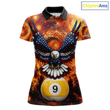 Load image into Gallery viewer, Custom fire flame red 9 ball US flag eagle billiard pool team jersey polo shirt for women, personalized billiard league apparel and tournament jersey.