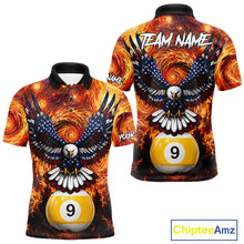 Load image into Gallery viewer, Custom fire flame red 9 ball US flag eagle billiard pool team jersey polo shirt for men, personalized billiard league apparel.