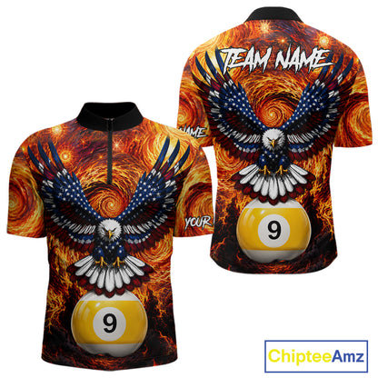 Custom fire flame red 9 ball US flag eagle billiard quarter zip shirt for men, personalized pool team jersey.