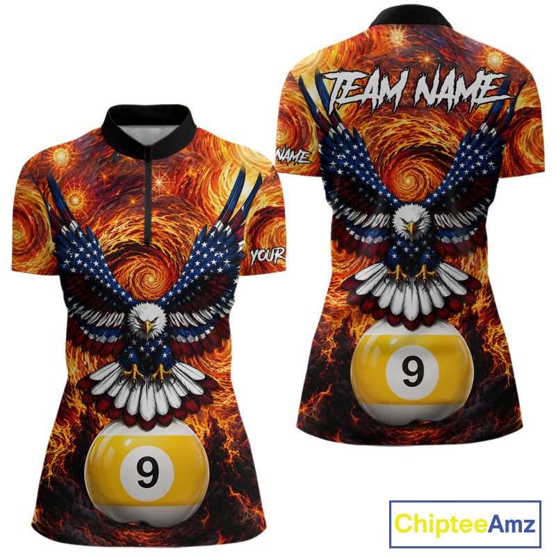 Custom fire flame red 9 ball US flag eagle billiard quarter zip shirt for women, personalized pool team jersey and league apparel.