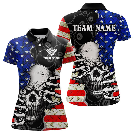 Personalized American Flag Skull Billiard Shirts For Women, Patriotic 8 Ball Billiard Jersey TDM3124