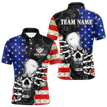 Load image into Gallery viewer, Personalized American Flag Menacing Skull Billiard Shirts For Men, Patriotic 8 Ball Billiard Jersey TDM3124