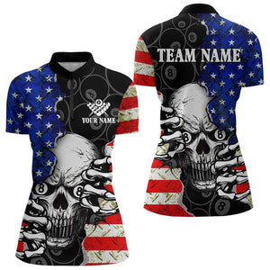 Personalized American Flag Menacing Skull Billiard Shirts For Women, Patriotic 8 Ball Billiard Jersey TDM3124