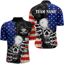 Load image into Gallery viewer, Personalized American Flag Menacing Skull Billiard Shirts For Men, Patriotic 8 Ball Billiard Jersey TDM3124