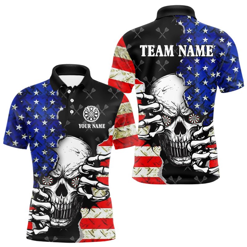 Personalized American Flag Menacing Skull Dart Shirts For Men, Patriotic Cool Dart Team Jerseys TDM3125