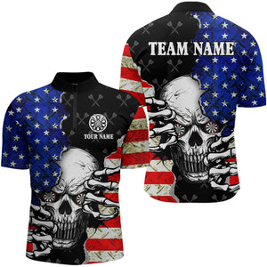 Personalized American Flag Menacing Skull Dart Shirts For Men, Patriotic Cool Dart Team Jerseys TDM3125