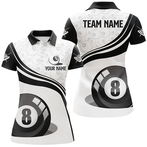 Black White Custom Women Billiard Polo Shirts, Personalized 8 Ball Pool Shirts For Billiard Player TDM1038