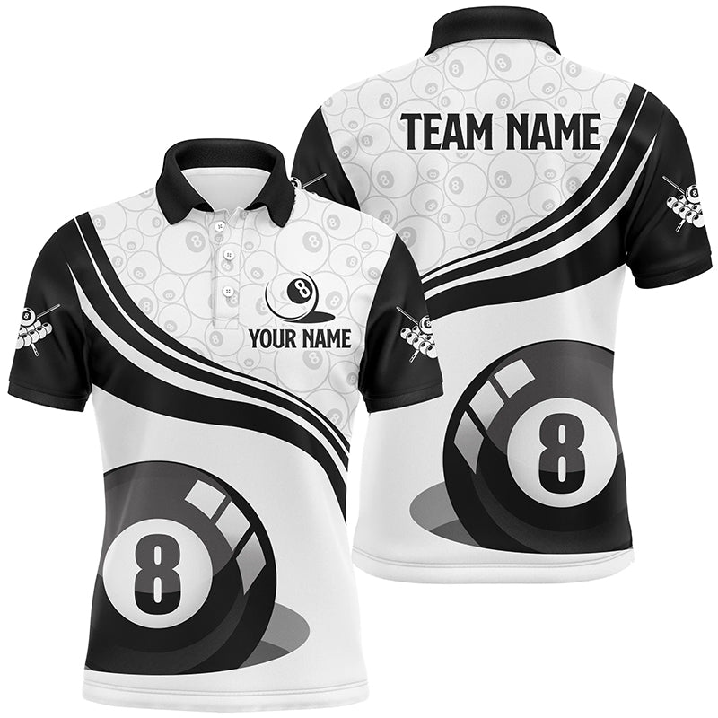 Black White Custom Men Billiard Polo Shirts, Personalized 8 Ball Pool Shirts For Billiard Player TDM1038