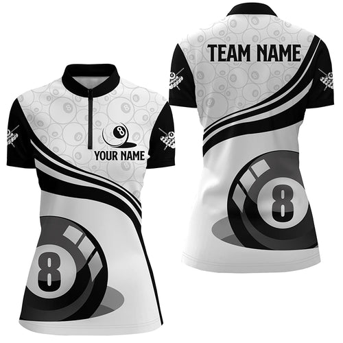 Black White Custom Women Billiard Quarter-Zip Shirt Customized 8 Ball Pool Shirts For Pooler TDM1038