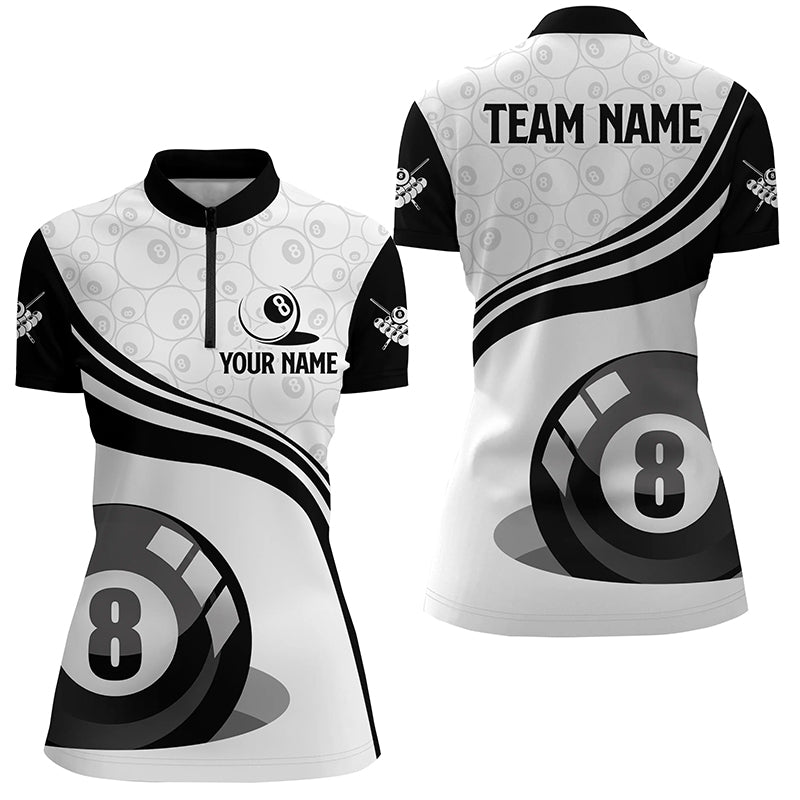 Black White Custom Women Billiard Quarter-Zip Shirt Customized 8 Ball Pool Shirts For Pooler TDM1038