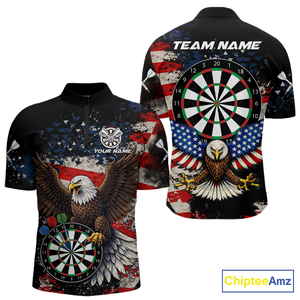 Grunge American Flag Eagle Darts Shirt For Men Custom Patriotic Darts Team Jersey Polo & 1/4 Zip TDM6002