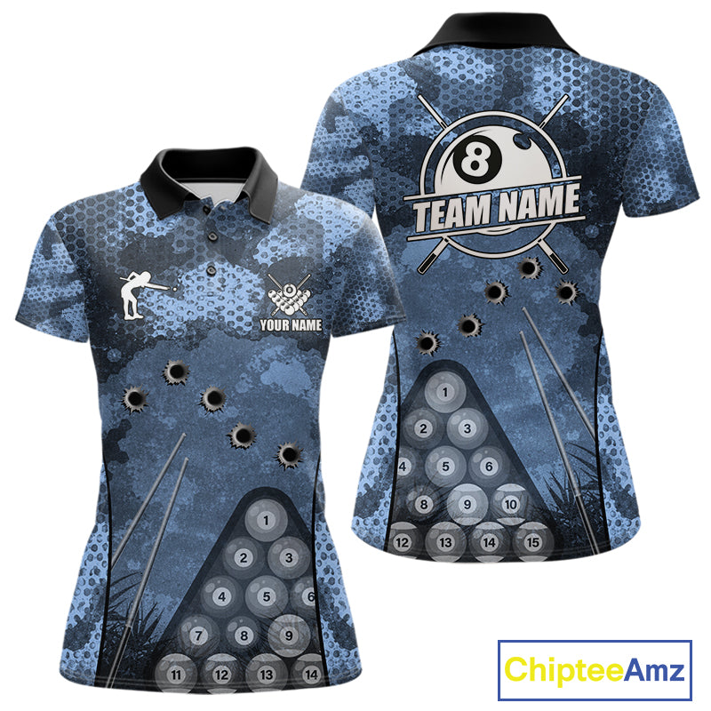 Blue Camo 8 Ball Billiard Shirt For Women Custom Pool Team Shirt, Billiard Jersey Polo & 1/4 Zip TDM6008