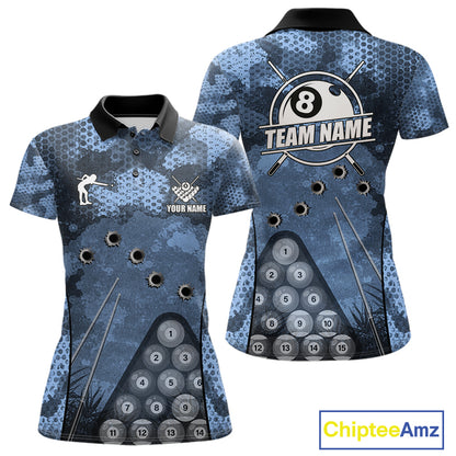 Blue Camo 8 Ball Billiard Shirt For Women Custom Pool Team Shirt, Billiard Jersey Polo & 1/4 Zip TDM6008