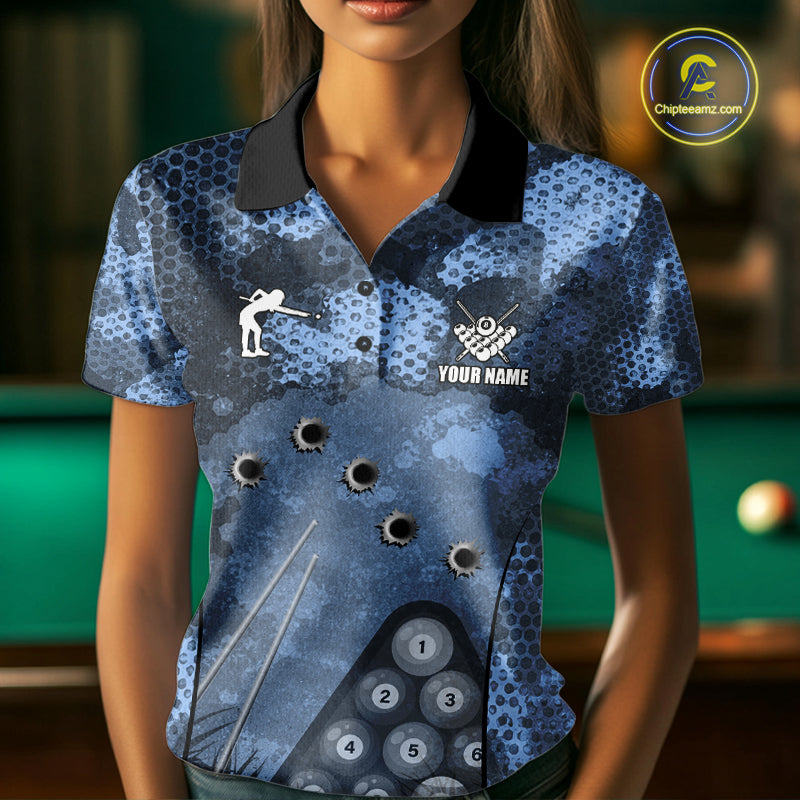 Blue Camo 8 Ball Billiard Shirt For Women Custom Pool Team Shirt, Billiard Jersey Polo & 1/4 Zip TDM6008