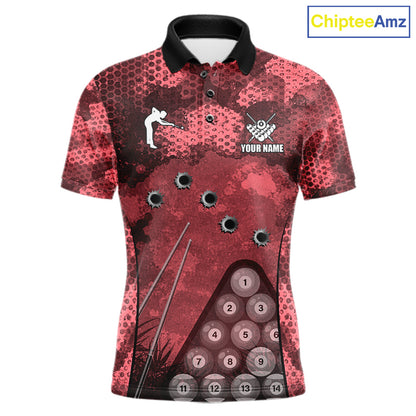 Red Camo 8 Ball Billiard Shirt For Men Custom Pool Team Shirt, Billiard Jersey Polo & 1/4 Zip TDM6009