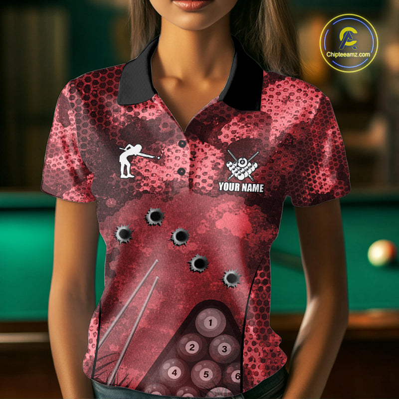 Red Camo 8 Ball Billiard Shirt For Women Custom Pool Team Shirt, Billiard Jersey Polo & 1/4 Zip TDM6009