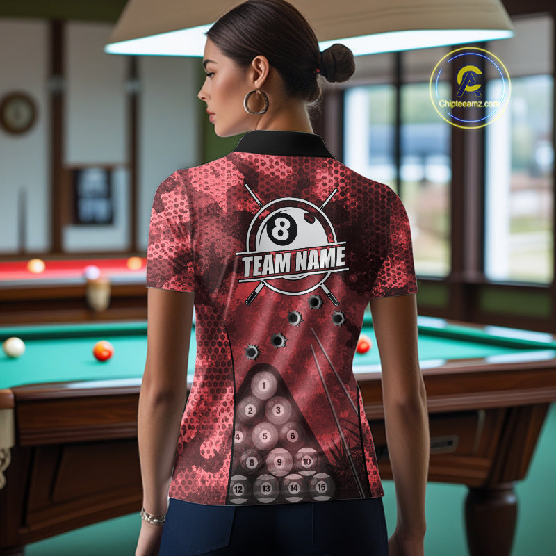 Red Camo 8 Ball Billiard Shirt For Women Custom Pool Team Shirt, Billiard Jersey Polo & 1/4 Zip TDM6009
