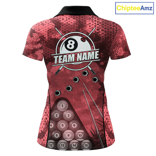 Red Camo 8 Ball Billiard Shirt For Women Custom Pool Team Shirt, Billiard Jersey Polo & 1/4 Zip TDM6009