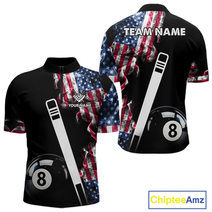 US Flag Smoke 8 Ball Billiard Shirt For Men Custom Patriotic Pool Team Jersey Polo & 1/4 Zip TDM6010