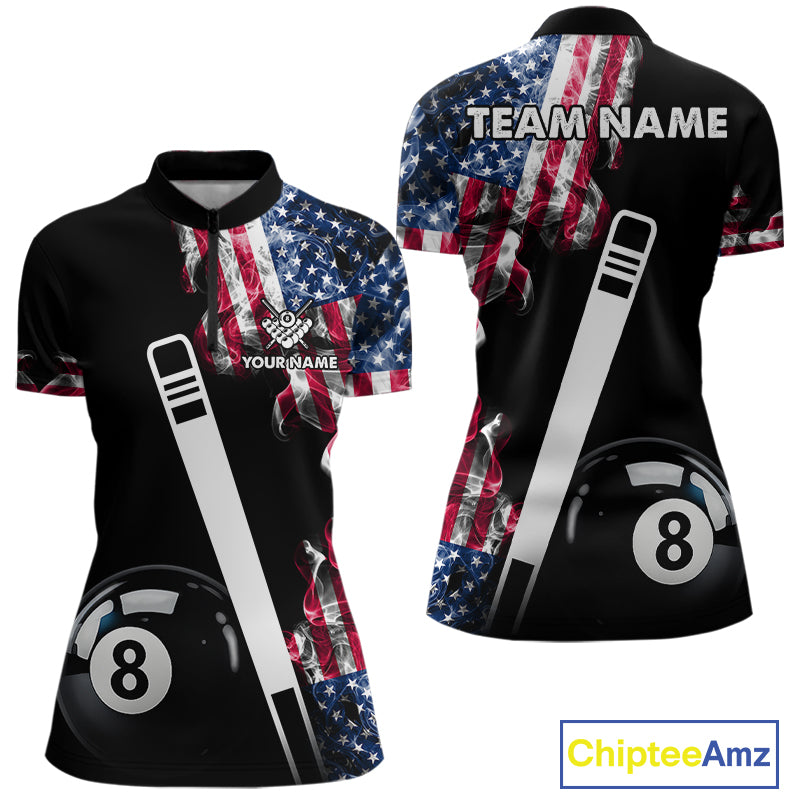 US Flag Smoke 8 Ball Billiard Shirt For Women Custom Patriotic Pool Team Jersey Polo & 1/4 Zip TDM6010
