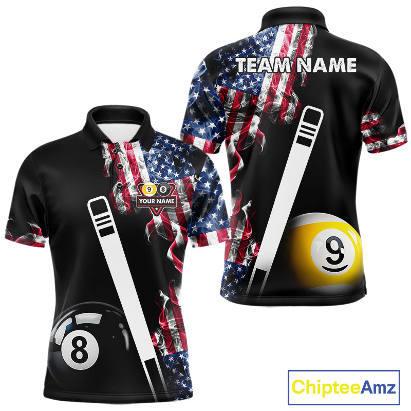 US Flag Smoke 8 Ball 9 Ball Billiard Shirt For Men Custom Patriotic Pool Team Jersey Polo, 1/4 Zip TDM6011