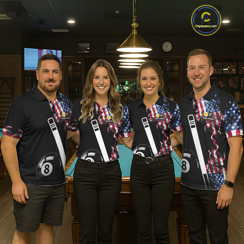 US Flag Smoke 8 Ball 9 Ball Billiard Shirt For Men Custom Patriotic Pool Team Jersey Polo, 1/4 Zip TDM6011