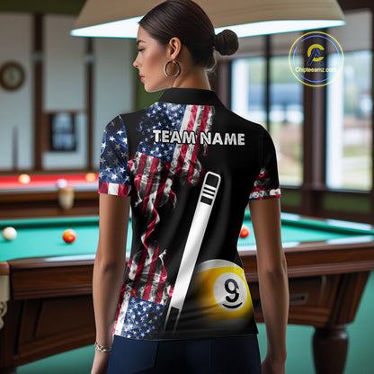 US Flag Smoke 8 Ball 9 Ball Billiard Shirt For Women Custom Patriotic Pool Team Jersey Polo, 1/4 Zip TDM6011
