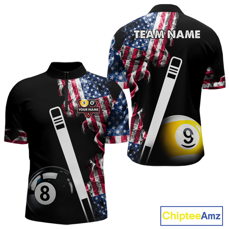 US Flag Smoke 8 Ball 9 Ball Billiard Shirt For Men Custom Patriotic Pool Team Jersey Polo, 1/4 Zip TDM6011