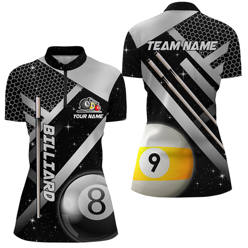 Custom Black Jersey Billiard 8 Ball & 9 Ball Women Quarter-Zip Shirt, Unique Billiard Uniform TDM1370