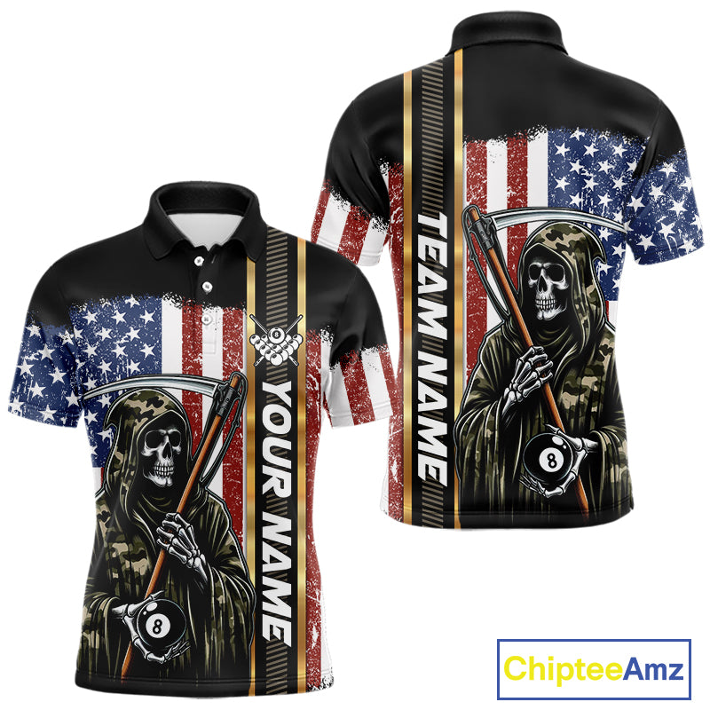 Camo Grim Reaper 8 Ball Billiard Shirt For Men Custom American Flag Pool Team Jersey Polo, 1/4 Zip TDM6246